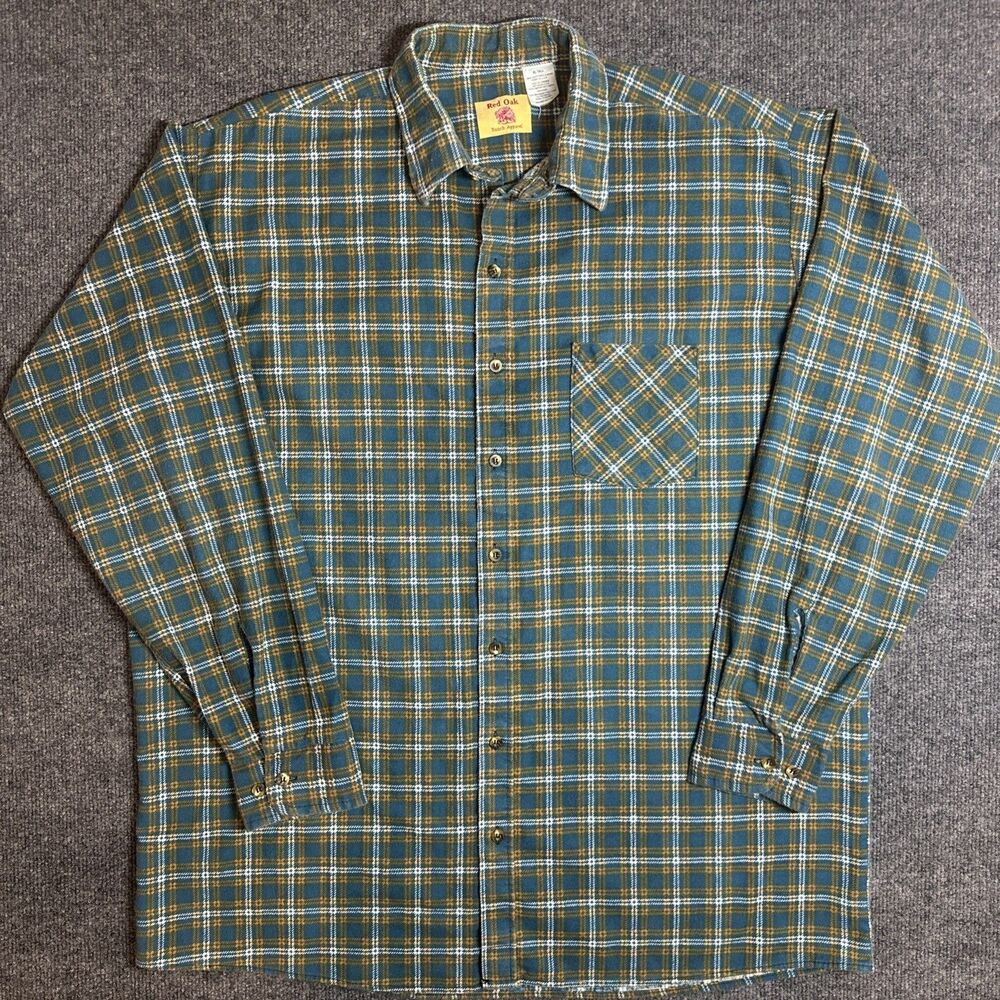 RED OAK Ranch Apparel Mens XL Tall 100% Cotton Flannel Long Sleeve Green Plaid